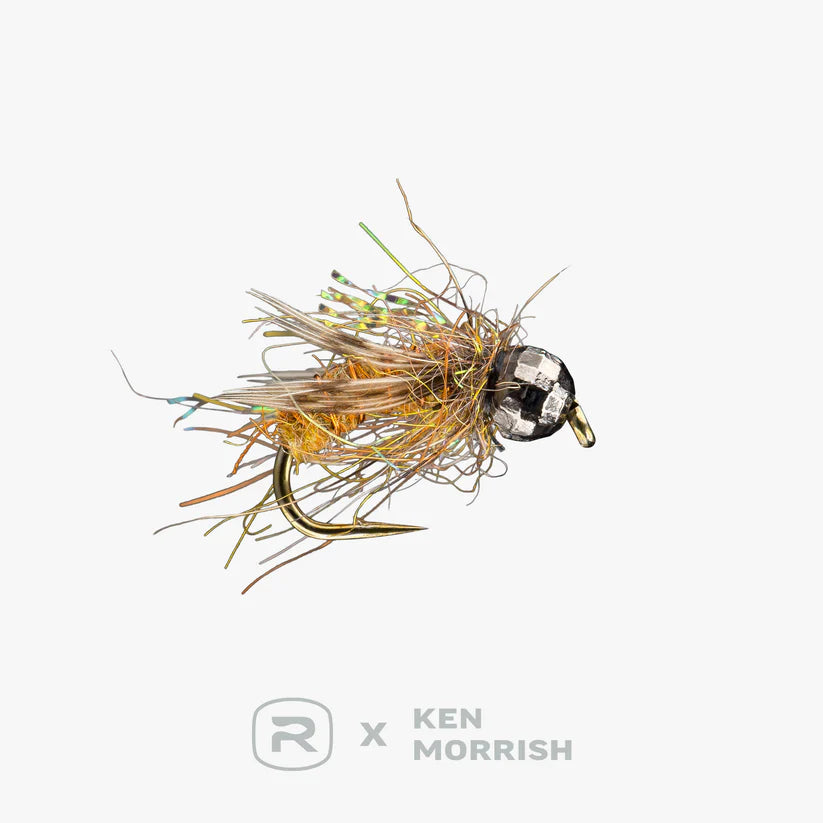 Super Pupa Caddis fishing lure featuring a detailed, textured body with mixed brown and amber fibers and a shiny tungsten bead head for freshwater fishing tackle.