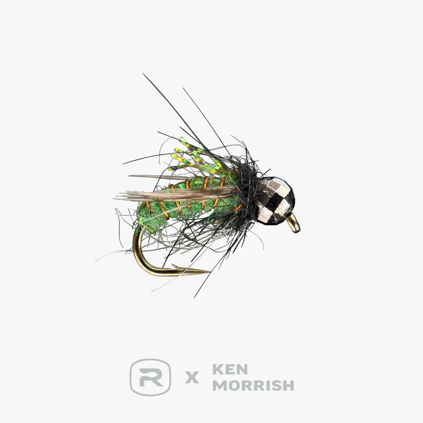 Close-up of a detailed Super Pupa Caddis fishing lure with bright green and black features, designed for freshwater fly fishing tackle.