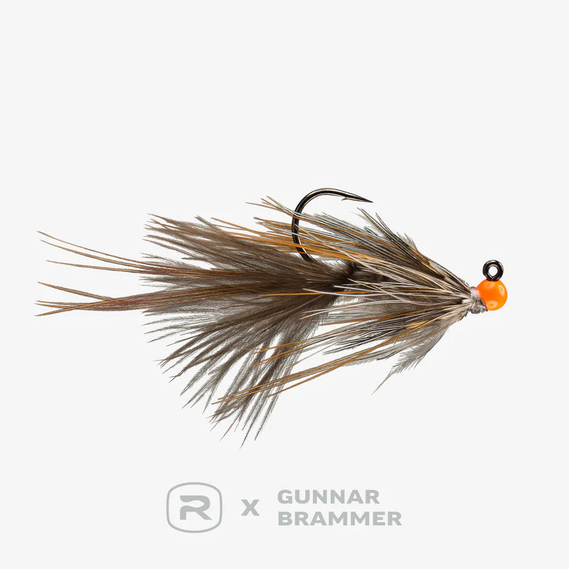 Brammer's Pheasant Bugger fishing lure featuring natural brown and gray feathers with an orange bead head, designed for freshwater and warmwater fishing tackle.