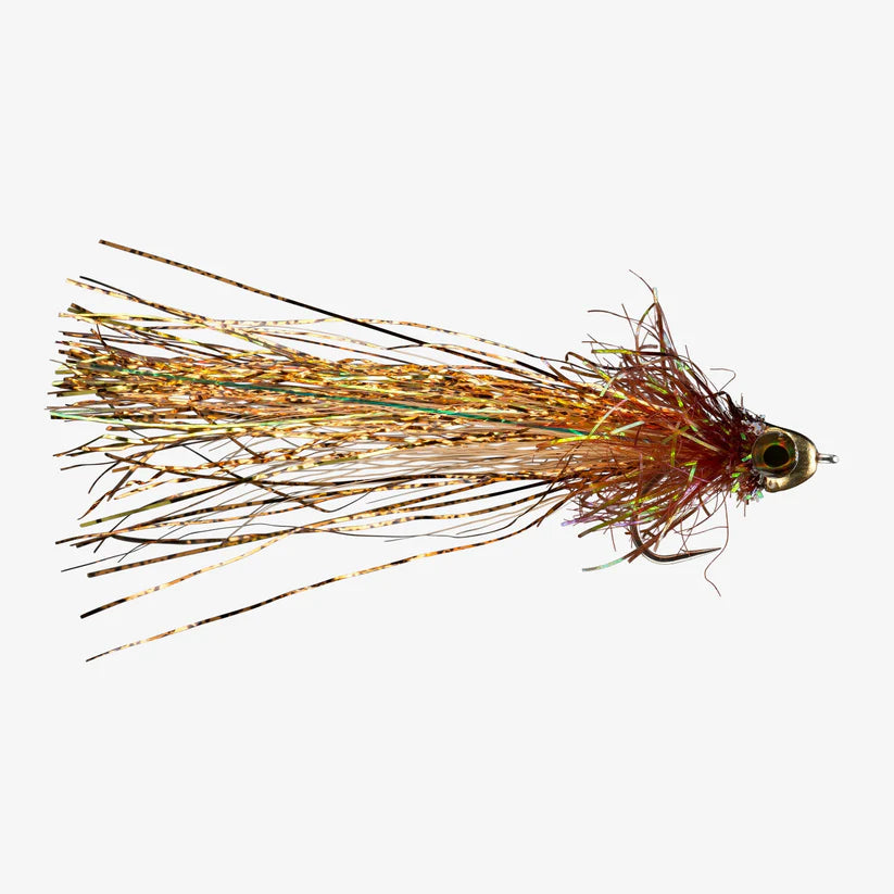 Flash Drive fishing lure with a copper-colored head and iridescent, brown, and gold synthetic fibers designed to attract freshwater and warmwater fish.