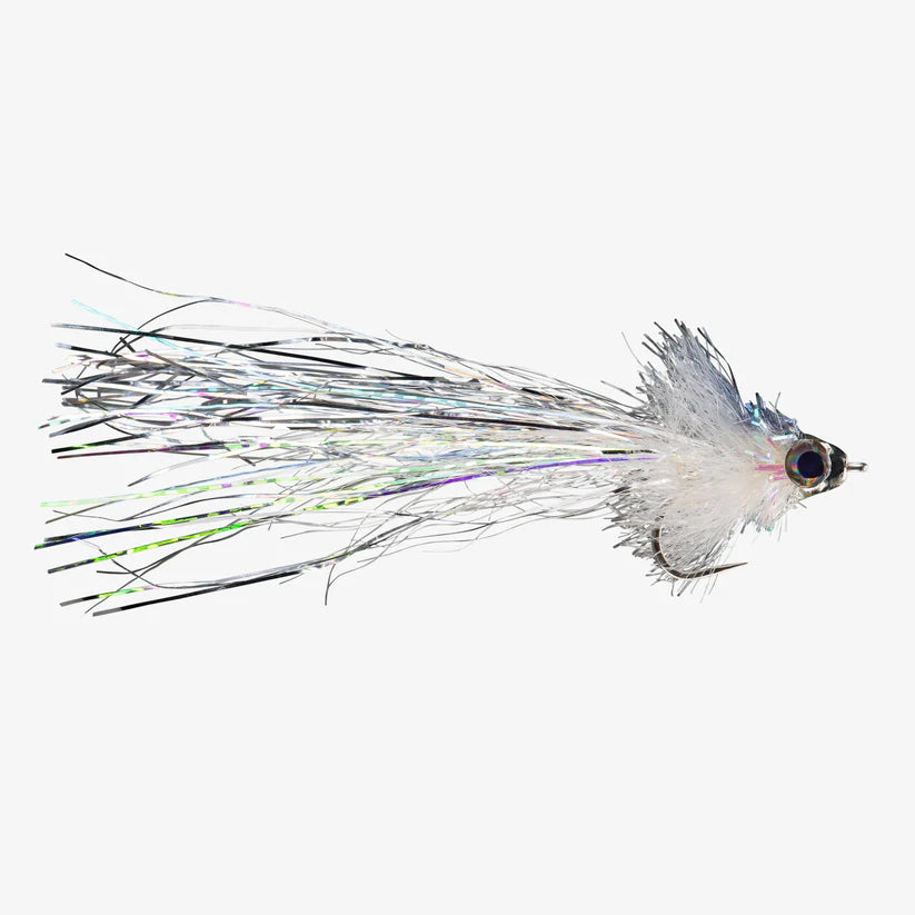 Flash Drive fishing lure featuring shiny, silver synthetic fibers and realistic eyes designed for freshwater and warmwater fishing tackle.
