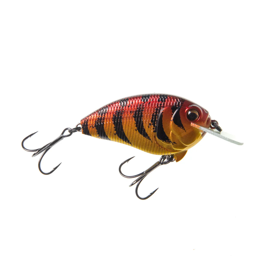 Bass Mafia Fugitive Flat-Sided Crankbait in a vibrant orange and black striped pattern designed for fishing tackle, featuring two treble hooks and a clear diving lip.