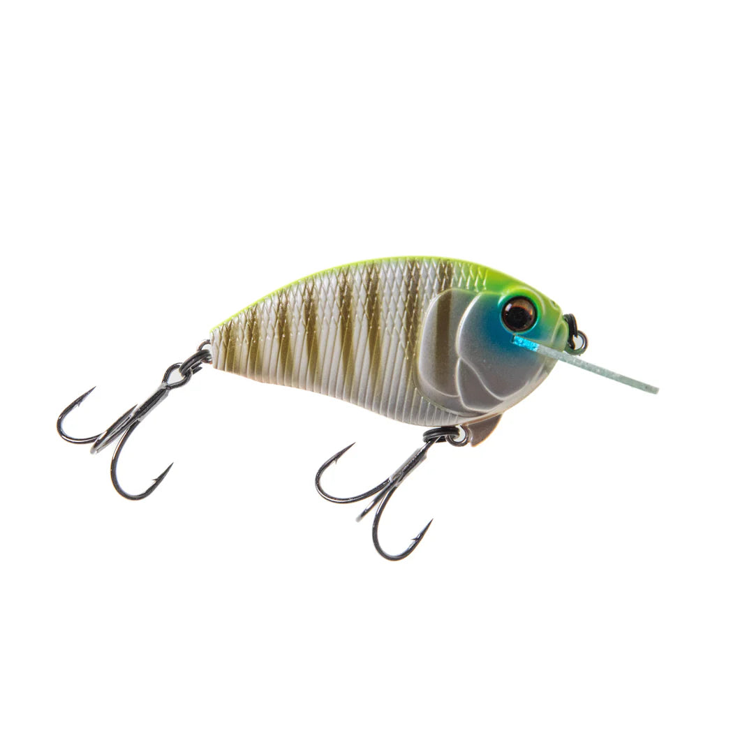 Bass Mafia Fugitive Flat-Sided Crankbait fishing lure with a flat-sided body in green and beige tones, equipped with two sharp treble hooks for effective fishing tackle use.
