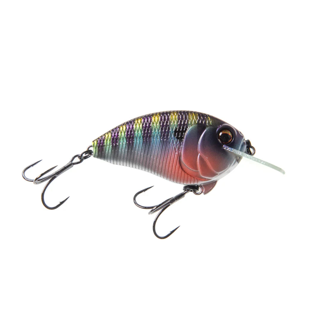 Bass Mafia Fugitive Flat-Sided Crankbait in warmouth color with detailed scales, two sharp treble hooks, and a clear diving lip designed for fishing tackle enthusiasts.