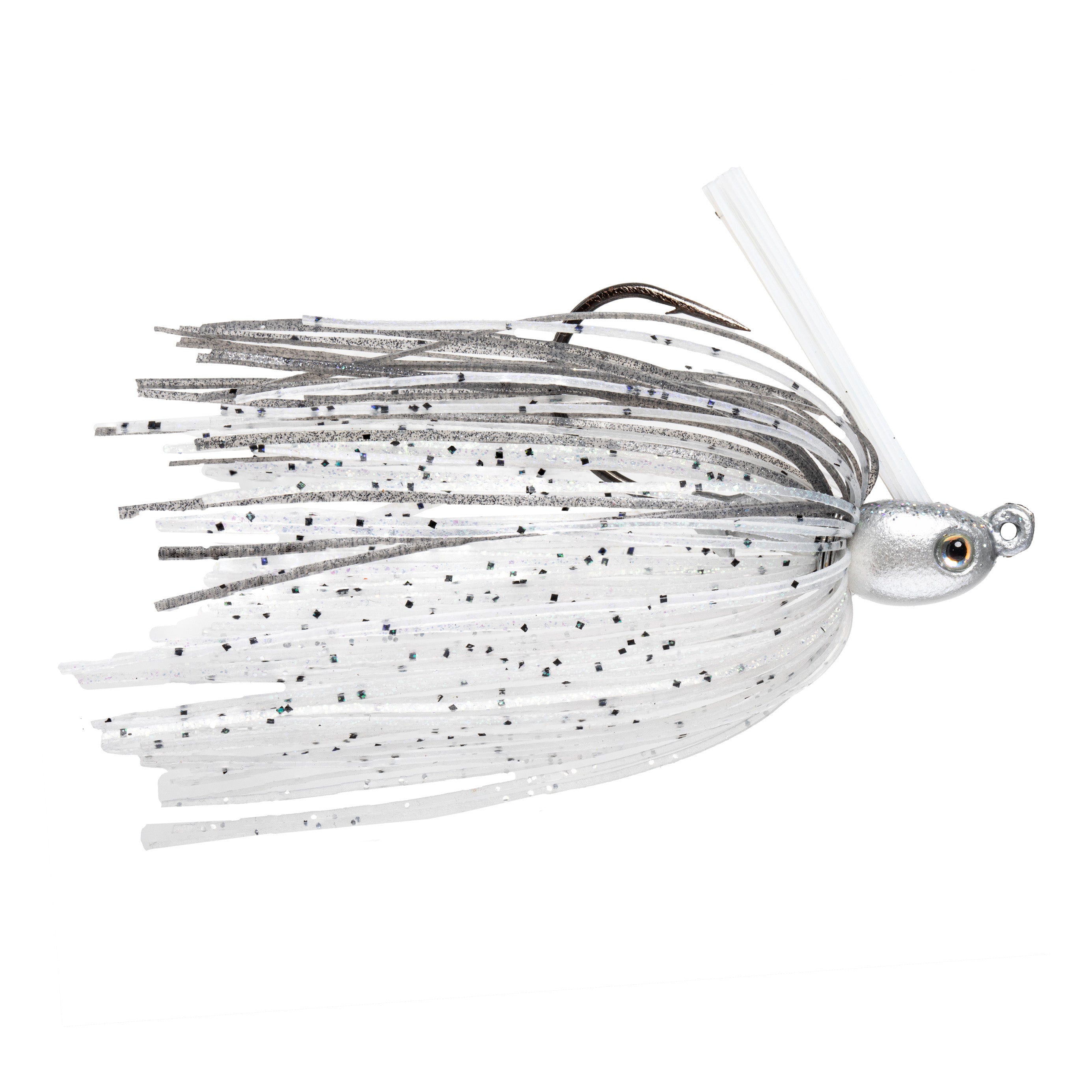 Strike King Tour Grade Tungsten Compact Swim Jig features a sleek white and silver skirt with black specks, realistic eye detail, and weed guard designed for effective fishing tackle use.