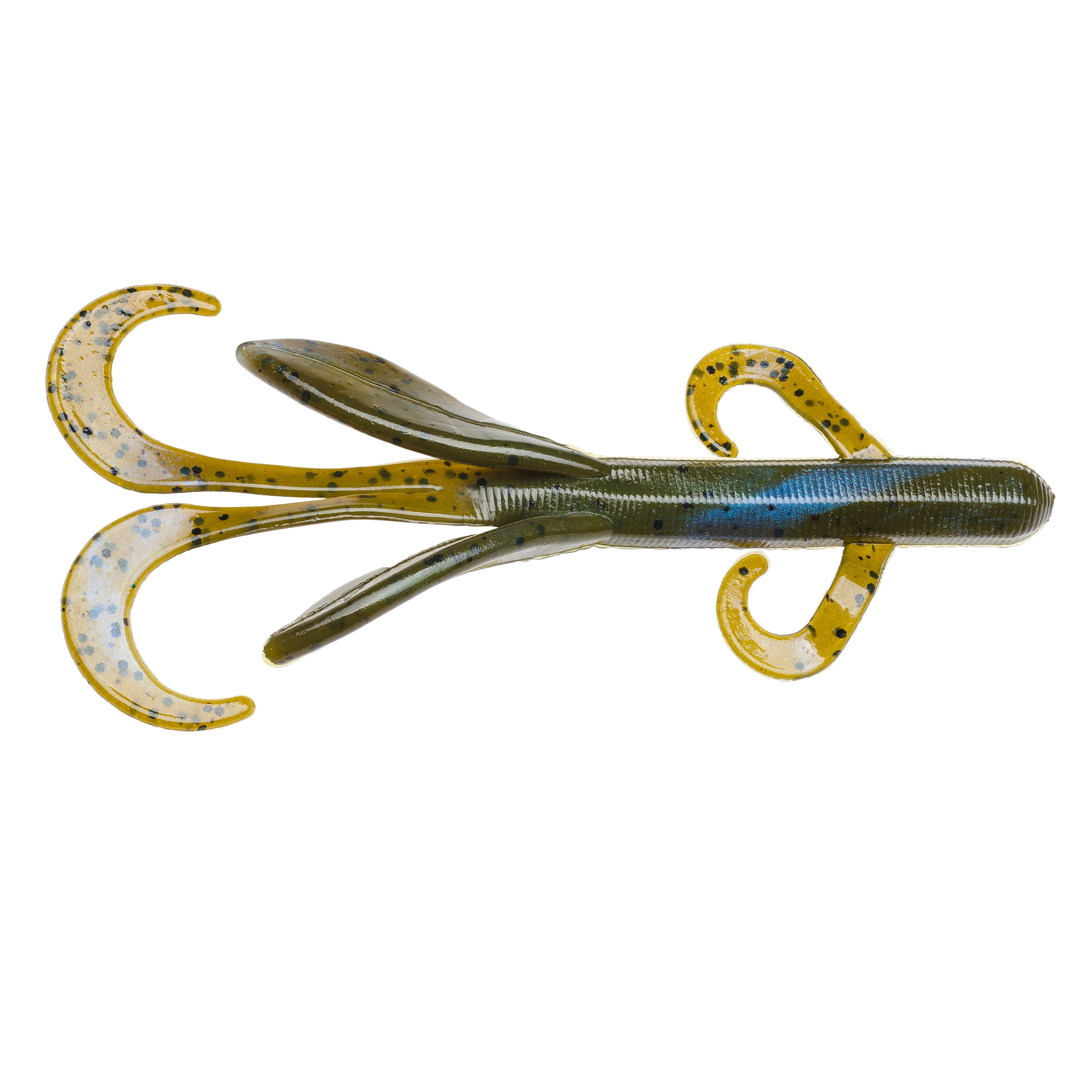 Strike King KVD Perfect Plastics Game Hawg is a soft plastic fishing lure with multiple curly appendages in olive green and yellow with black speckles, designed for lifelike movement in water.