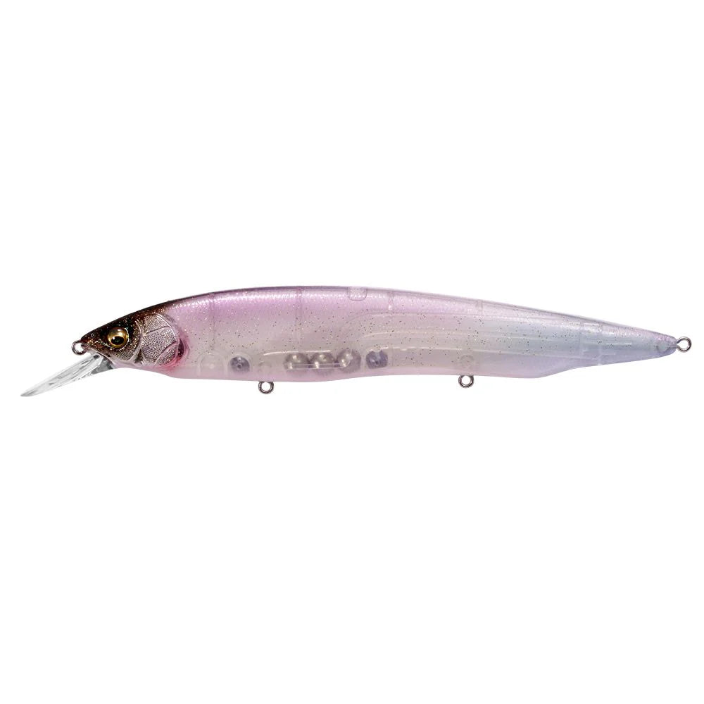 Megabass Kanata +1 fishing lure with a sleek, translucent body featuring subtle pink and natural shading, designed for precise casting and effective fish attraction.