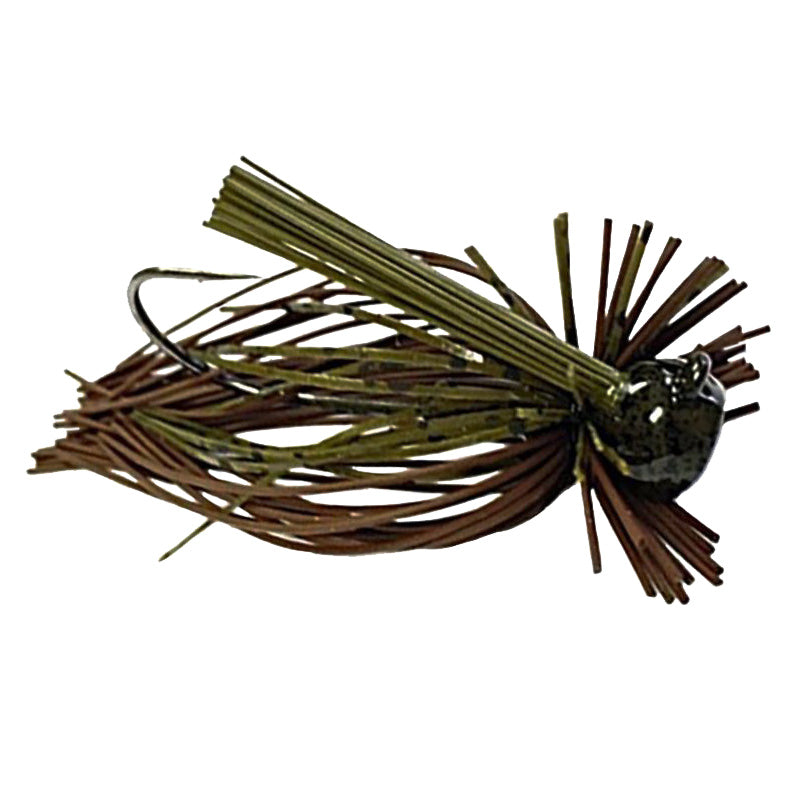 Greenfish Tackle Itty-Bitty Living Rubber Finesse Jig with a compact jig head and flexible brown and olive rubber skirt designed for finesse fishing techniques targeting musky and other game fish.