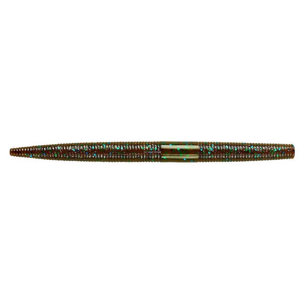 Yum Dinger Worm 5" fishing lure in brown with green and blue speckles, designed for use with fishing tackle to attract fish.