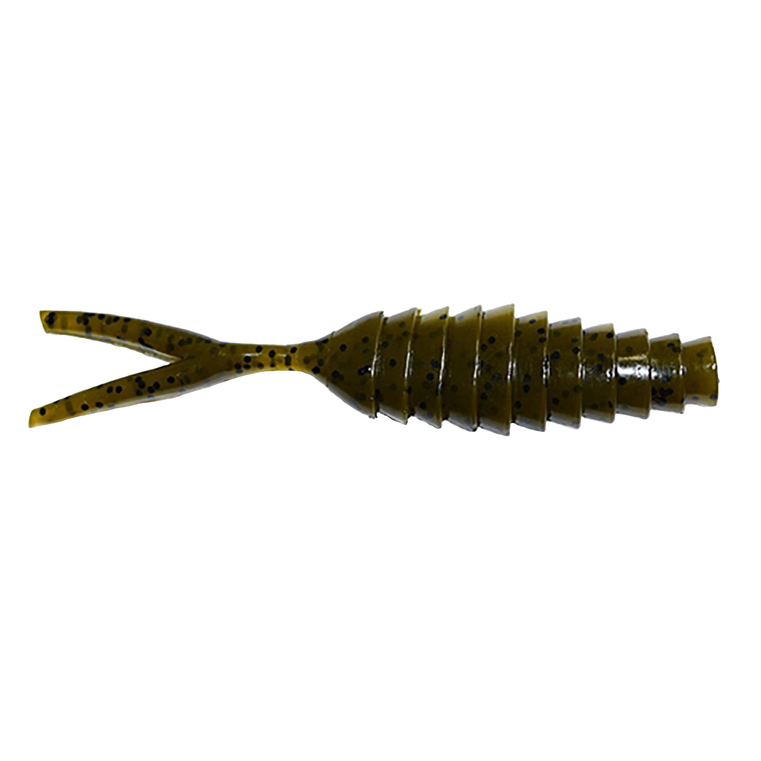 Gambler Lures Komodo Bladed Jig Trailer in olive green with black speckles, featuring a segmented body and split tail for enhanced movement in fishing tackle.
