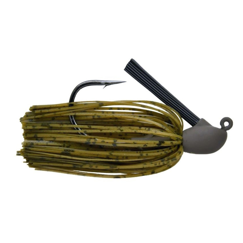 Keitech Model IV Heavy Duty Jig fishing lure with a sharp hook, olive green and black skirt, and weed guard for freshwater fishing tackle.
