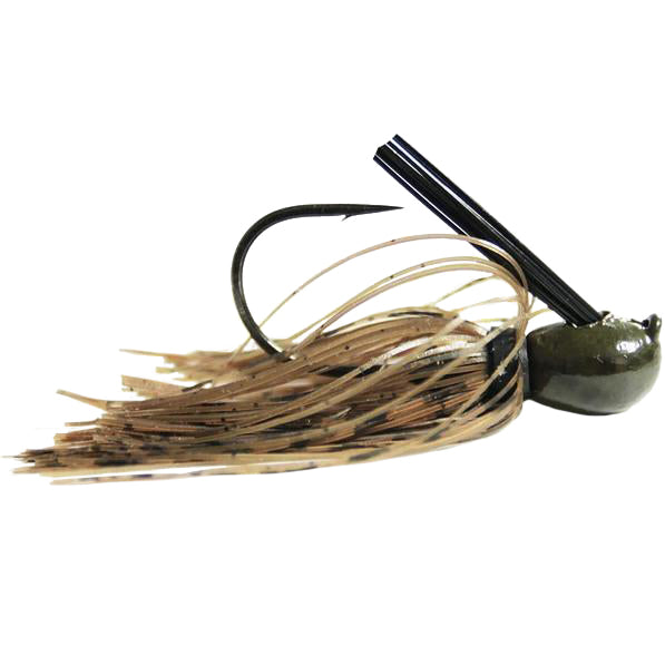Missile Baits Ike's Mini Flip Jig featuring a sharp hook, olive green weighted head, and tan skirt with black accents designed for effective fishing tackle use.