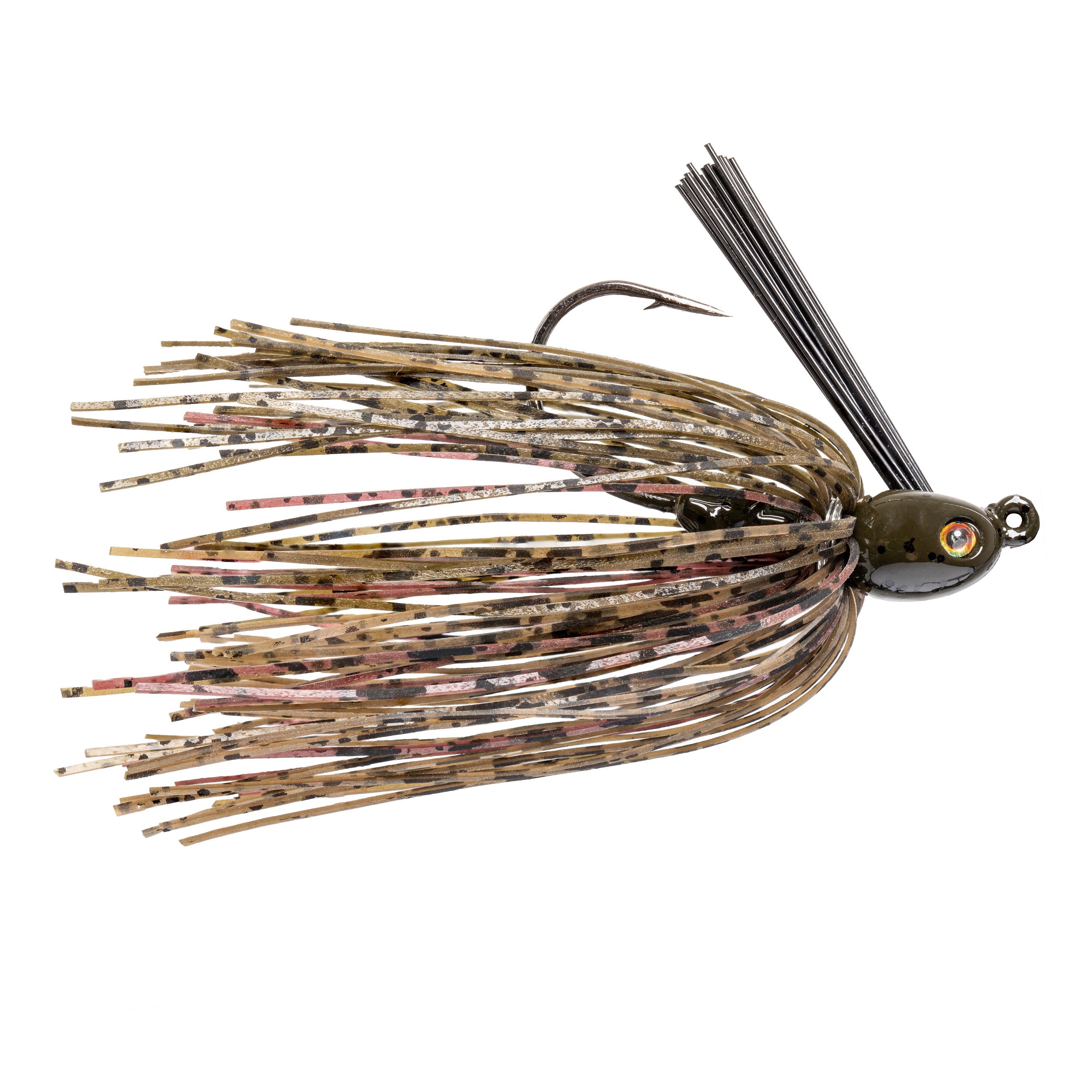 Strike King Tour Grade Tungsten Compact Swim Jig with camo-colored skirt, sharp hook, and weed guard designed for fishing tackle and freshwater lure applications.