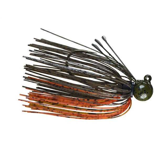 Picasso Lures Tungsten Little Spotty Finesse Jig featuring a weighted head in dark green with black spots and multi-colored silicone skirt strands in brown, orange, and black for fishing tackle.