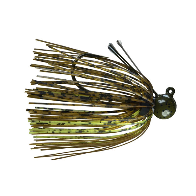 Picasso Lures Tungsten Little Spotty Finesse Jig in brown and olive tones with black speckles, featuring a weighted head and flexible skirt for fishing tackle use.
