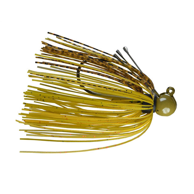 Picasso Lures Tungsten Little Spotty Finesse Jig showing a yellow and brown skirted fishing lure with a weighted head and flexible strands designed for effective fishing tackle use.