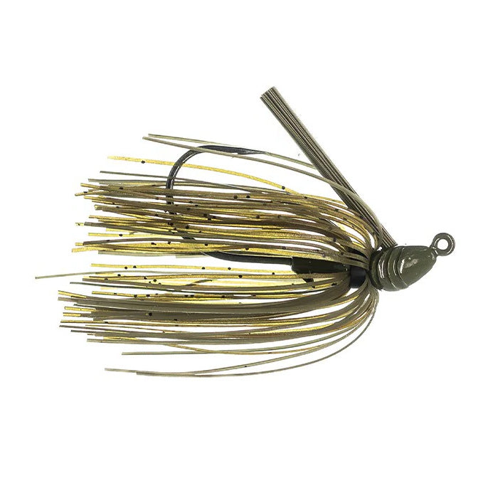 Dirty Jigs Weekender Swim Jig in green pumpkin color with a skirt made of green and yellow strands, featuring a weighted head, hook, and weed guard designed for fishing tackle.