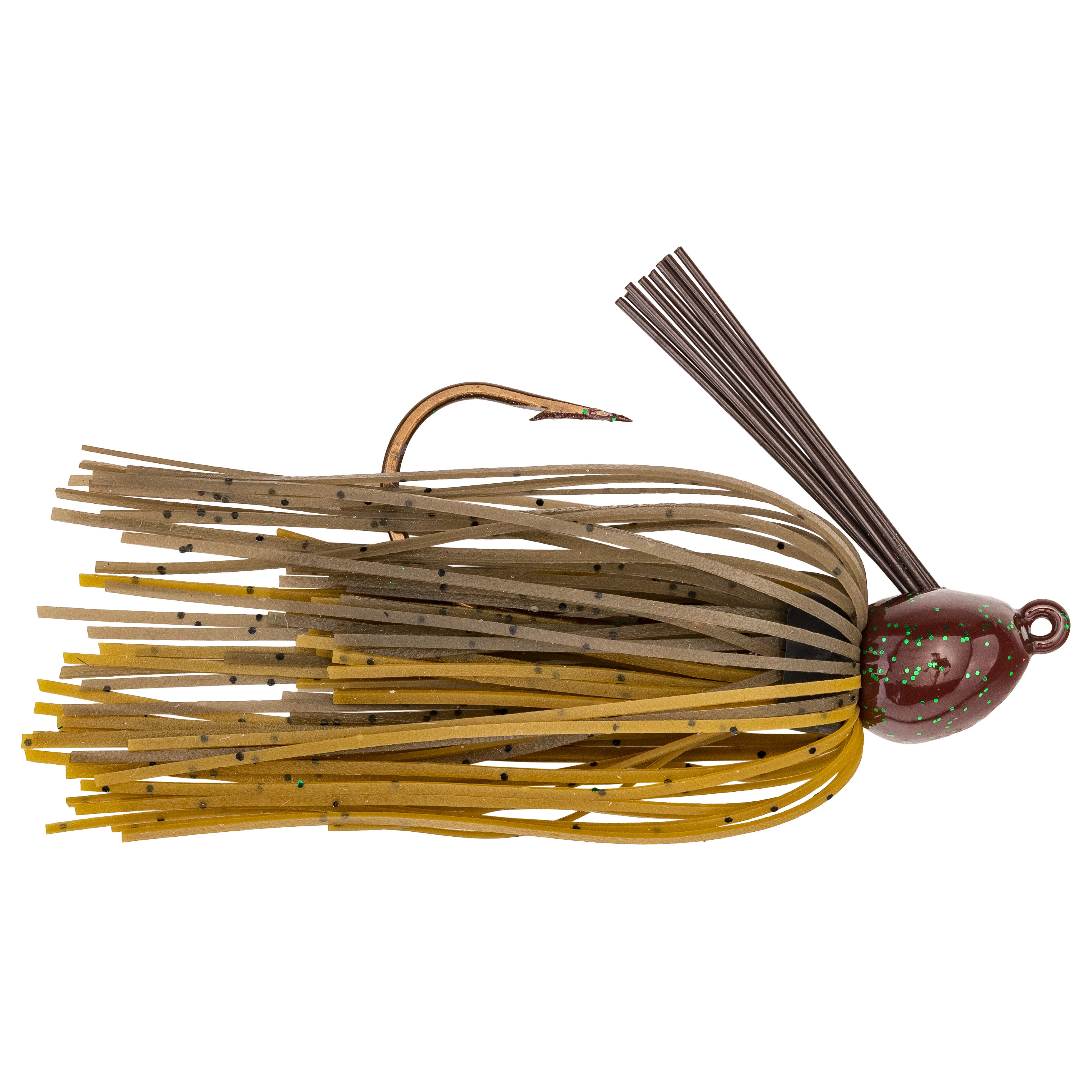 Strike King Bitsy Bug Mini Jig in natural brown and yellow tones with speckled skirt, featuring a sharp fishing hook and weed guard, designed for freshwater fishing tackle.