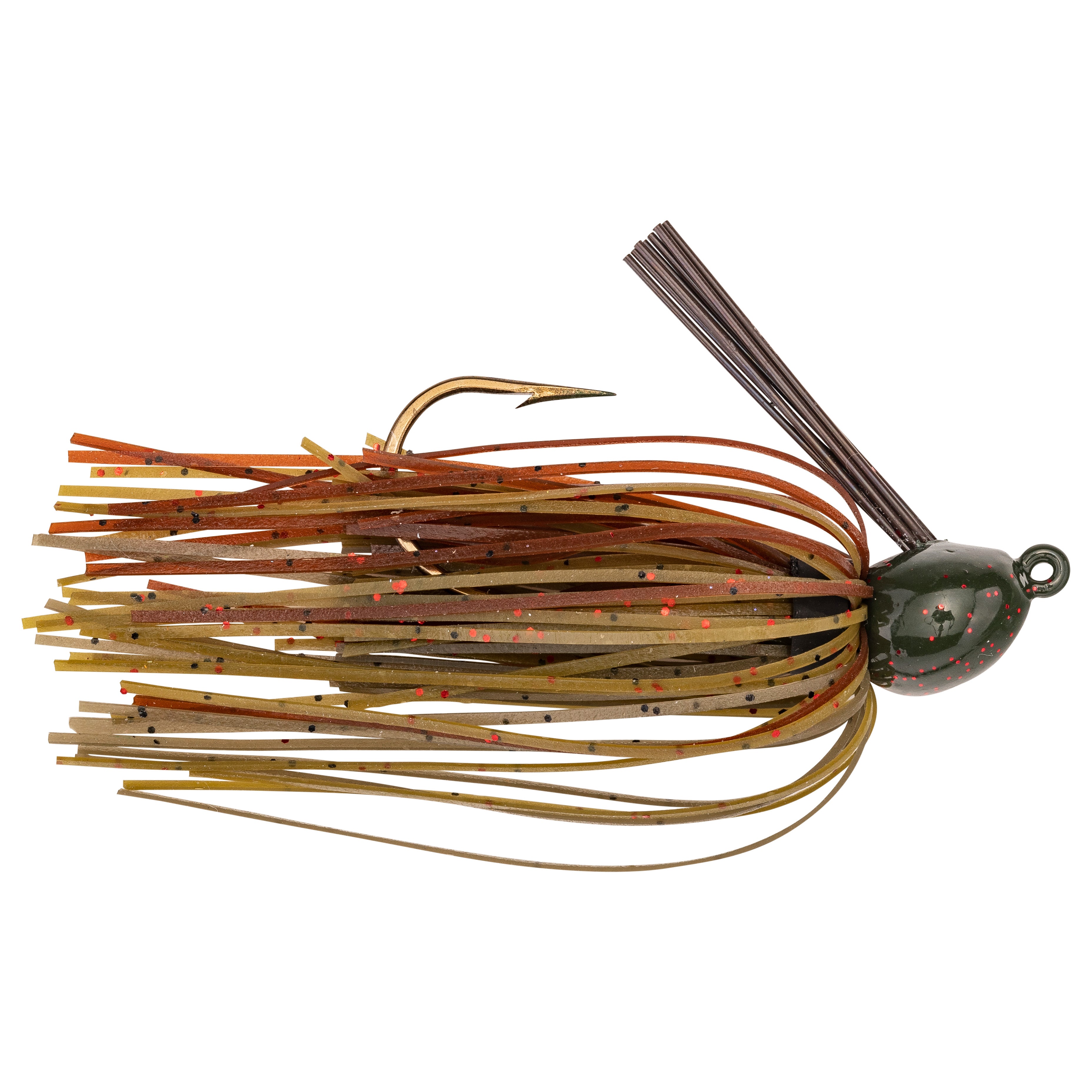 Strike King Bitsy Bug Mini Jig fishing lure with a weed guard, featuring a green pumpkin color skirt with orange and brown flecks, designed for freshwater fishing tackle.