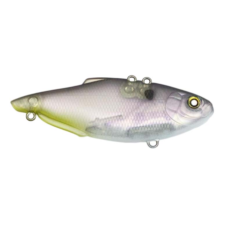 Nishine Lure Works Simcoe 75 Lipless Crankbait fishing lure with realistic fish design in pale purple and silver tones, featuring multiple attachment points for fishing tackle.