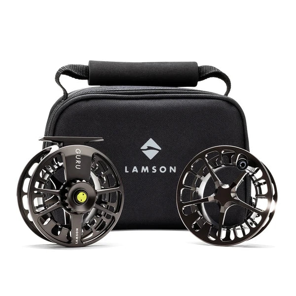 Lamson Guru X 2-Pack Fly Reel with two black fly reels displayed in front of a protective carrying case for organized fishing tackle storage