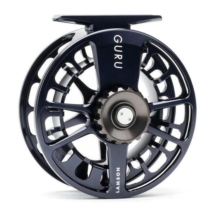 Lamson Guru X Fly Reel in dark navy with an open arbor spool and exposed frame design for fly fishing performance