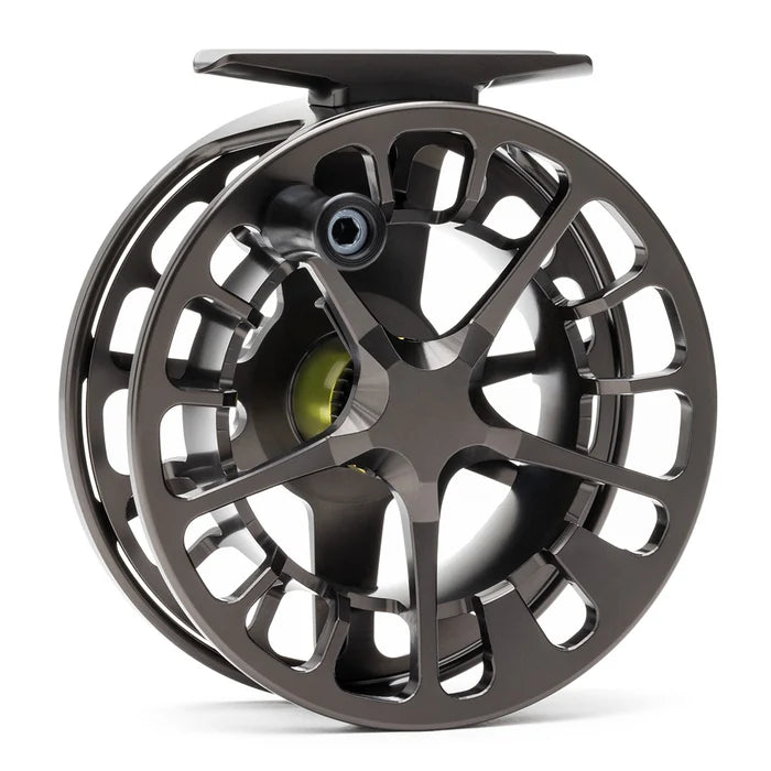 Lamson Guru X Fly Reel in dark gray with large arbor spool open frame design and ergonomic handle for smooth fly line retrieval