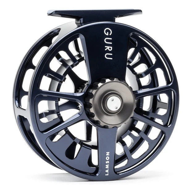 Lamson Guru X HD Fly Reel in dark blue with open spool design and central drag system for fly fishing tackle and line control