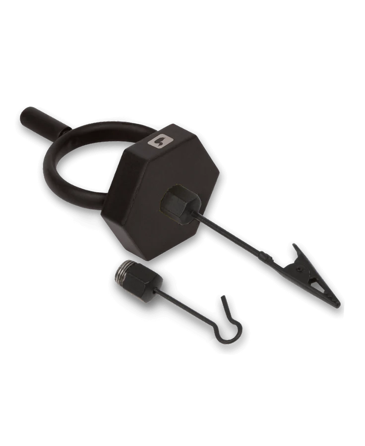 Loon Gator Grip Dubbing Spinner, a black fishing tackle tool with a hexagonal grip, circular handle, and metal clip attachment for secure bait spinning and fly fishing setup.