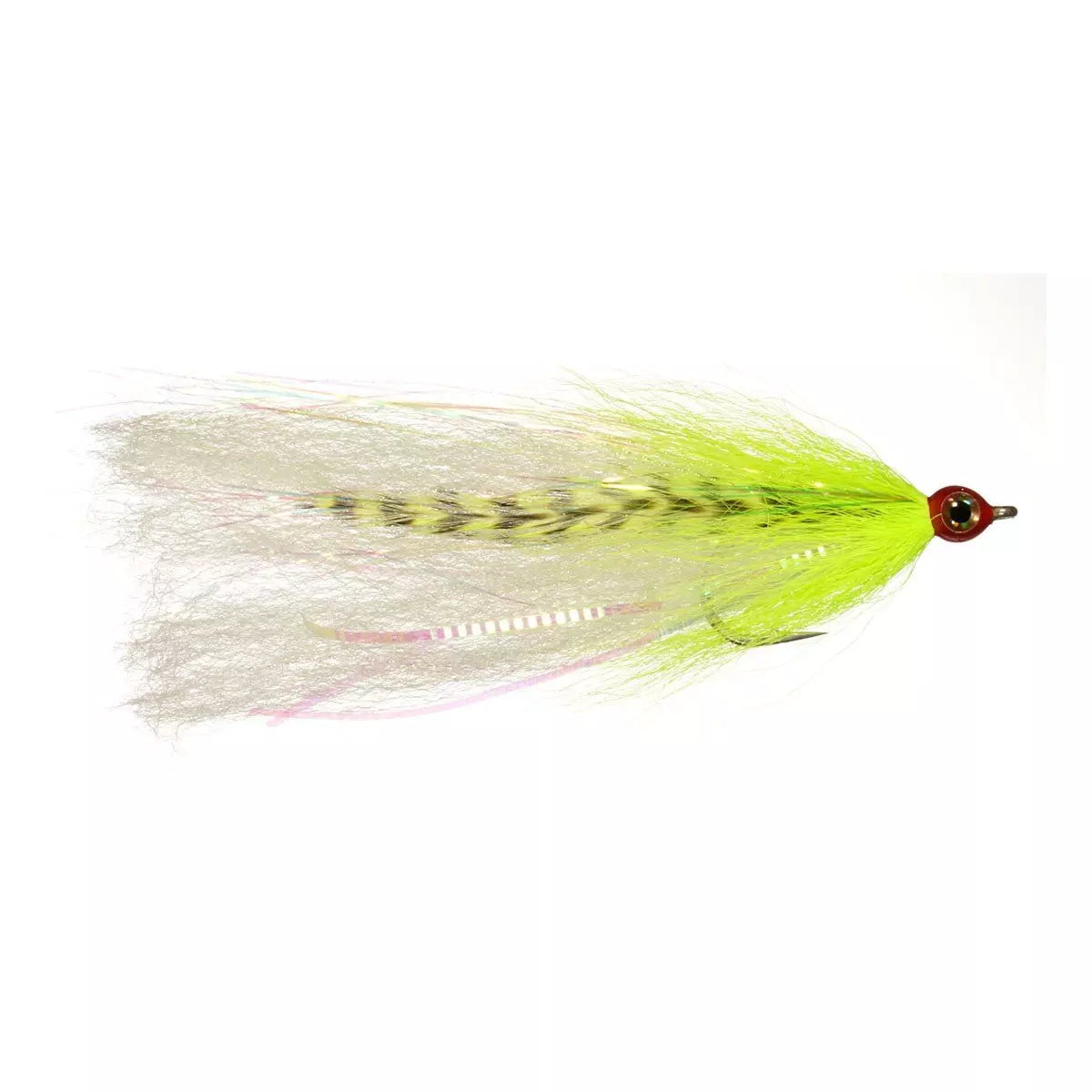 Ehler's Gator Done #2/0 musky fishing lure with chartreuse and white synthetic fibers and striped pattern, designed for effective fishing tackle performance.