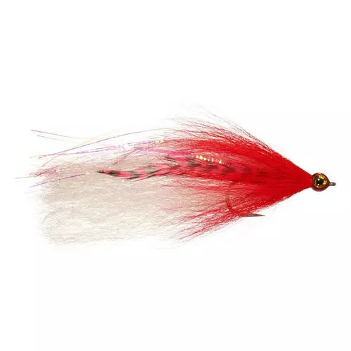 Ehler's Gator Done #2/0 is a red and white fishing lure featuring a gold bead head, synthetic fibers, and feather accents designed for musky fishing tackle.