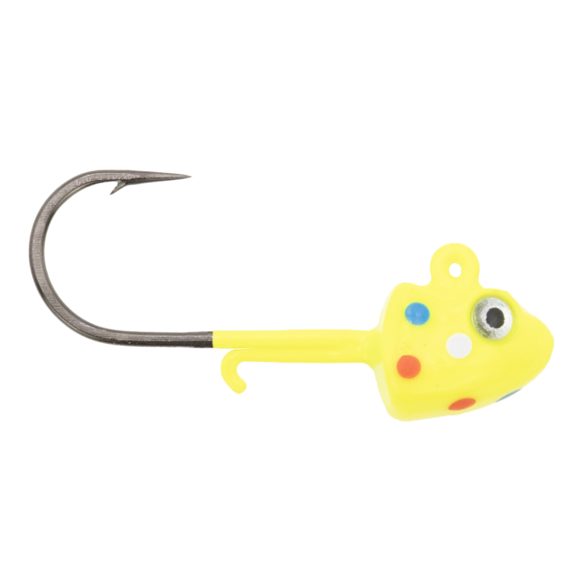 Clam Glide Drop Jig fishing lure featuring a chartreuse yellow head with colorful dots and a realistic eye, designed for effective musky and ice fishing tackle.