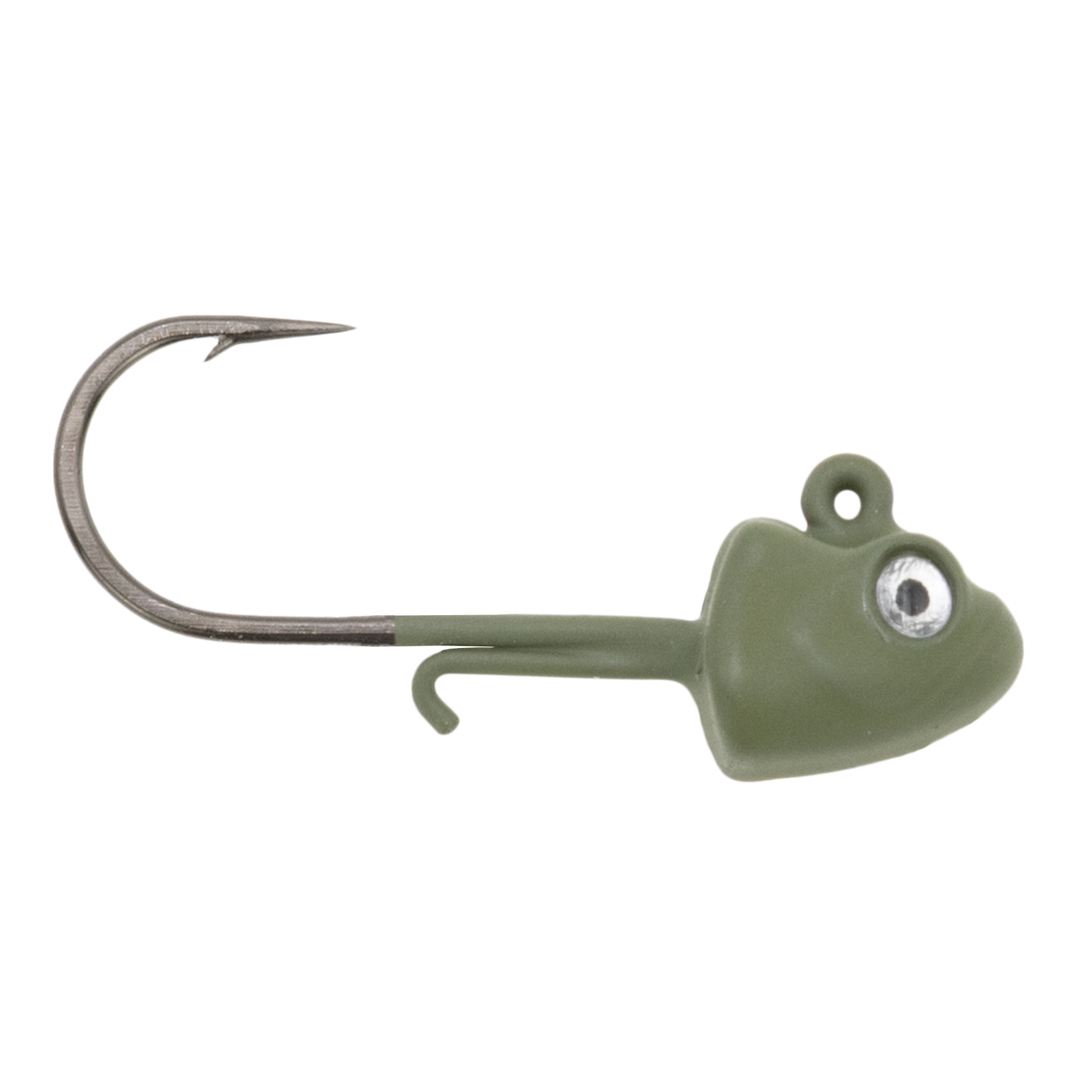 Clam Glide Drop Jig in muted green with a single sharp fishing hook and detailed eye, designed for use as fishing tackle in freshwater or saltwater environments.