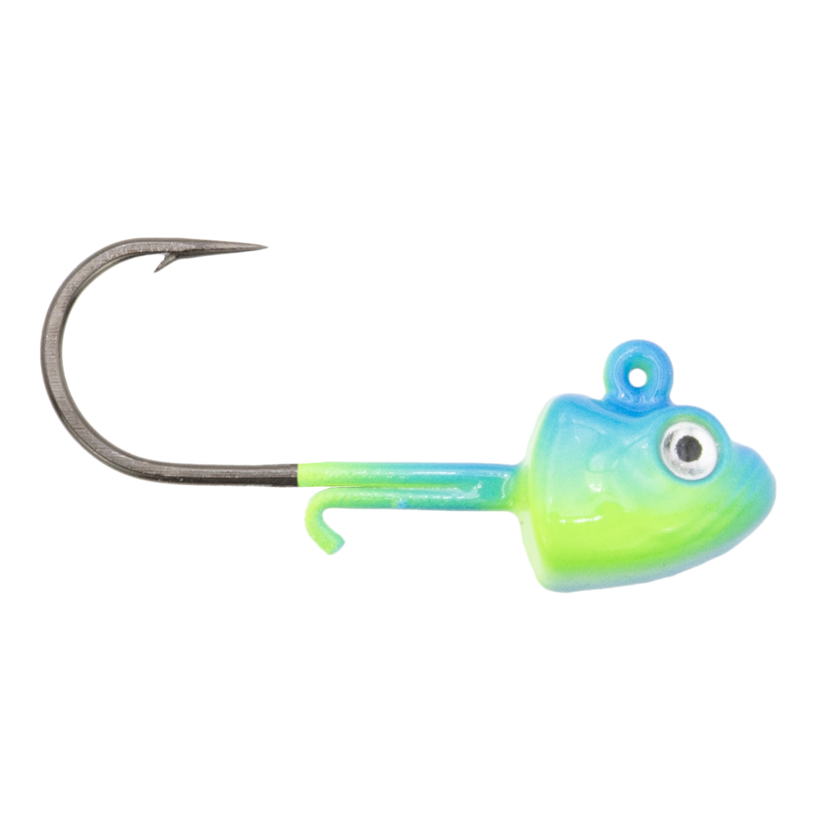 Clam Glide Drop Jig fishing lure featuring a detailed blue and green fish head design with an attached sharp metal hook, ideal for musky and ice fishing tackle.