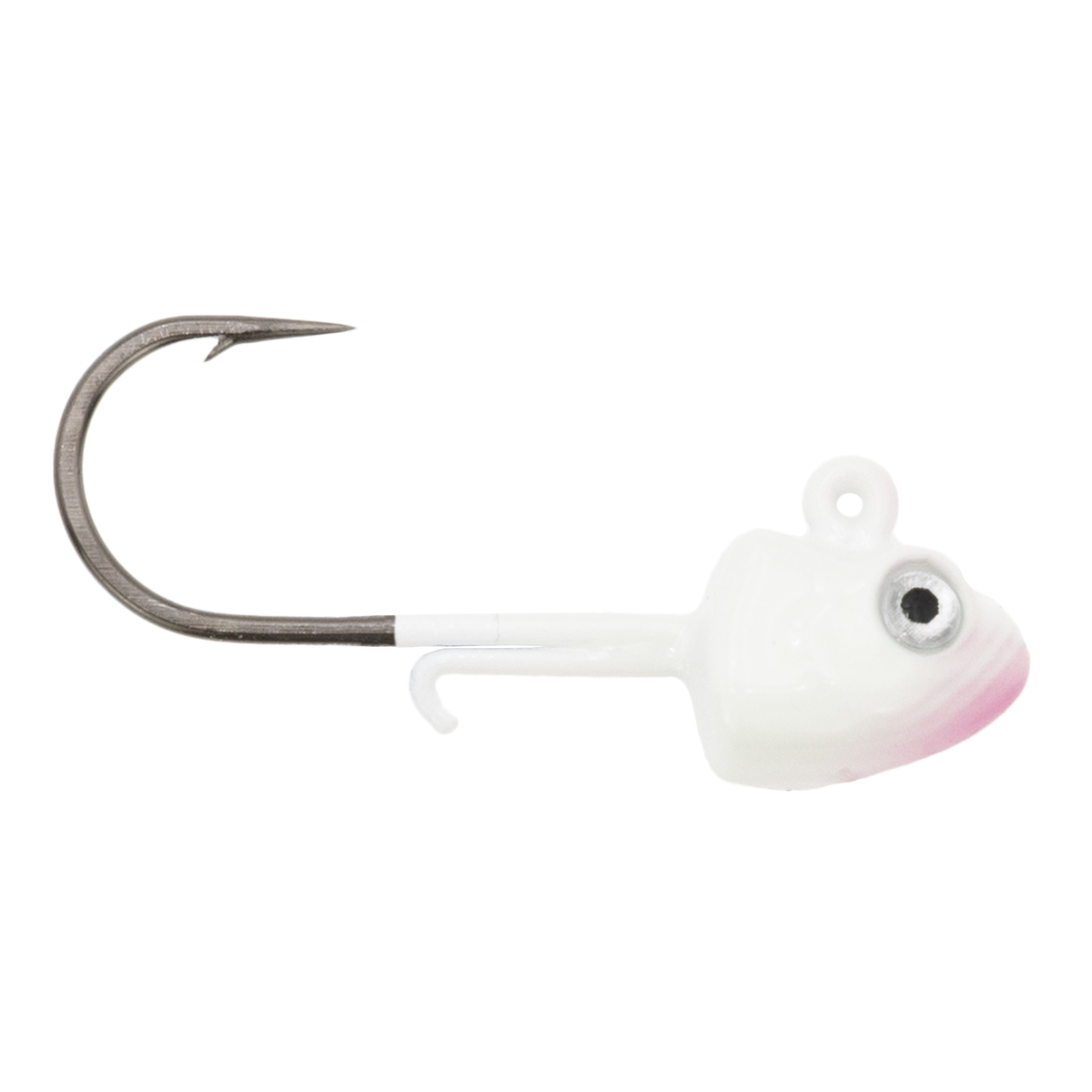 Clam Glide Drop Jig featuring a white and pink fish-shaped weighted head with a single sharp fishing hook, designed for use with fishing tackle.