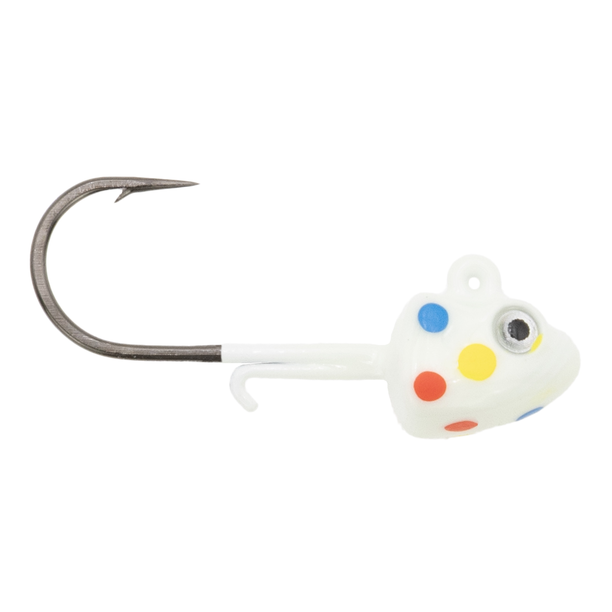 Clam Glide Drop Jig featuring a white jig head with colorful red, blue, and yellow polka dots, and a sharp, single fishing hook designed for fishing tackle use.