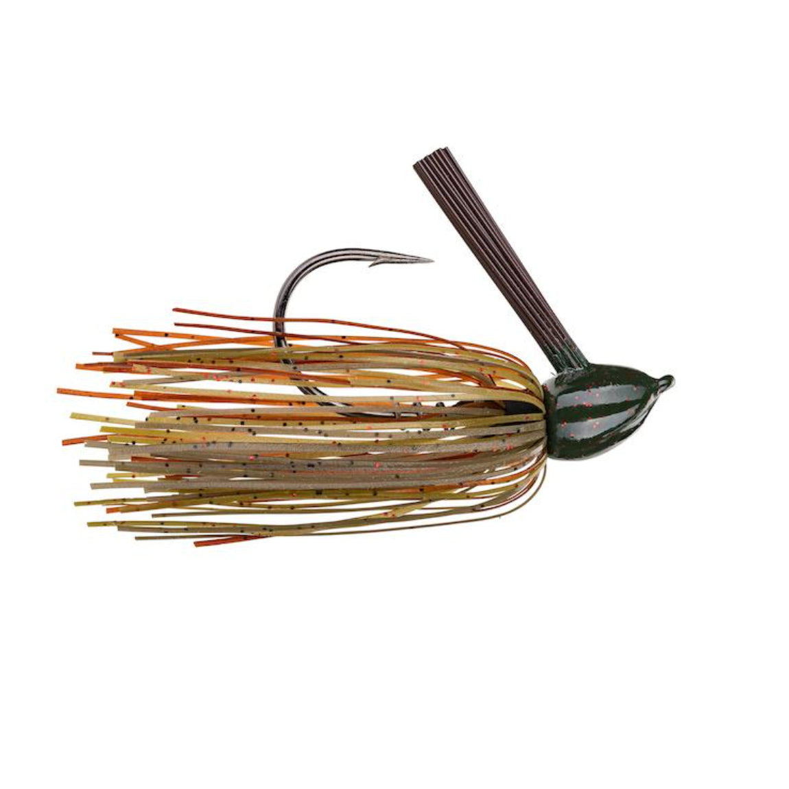 Strike King Hack Attack Fluoro Flipping Jig with green and orange skirt, sharp fishing hook, and weed guard designed for effective fishing tackle use.
