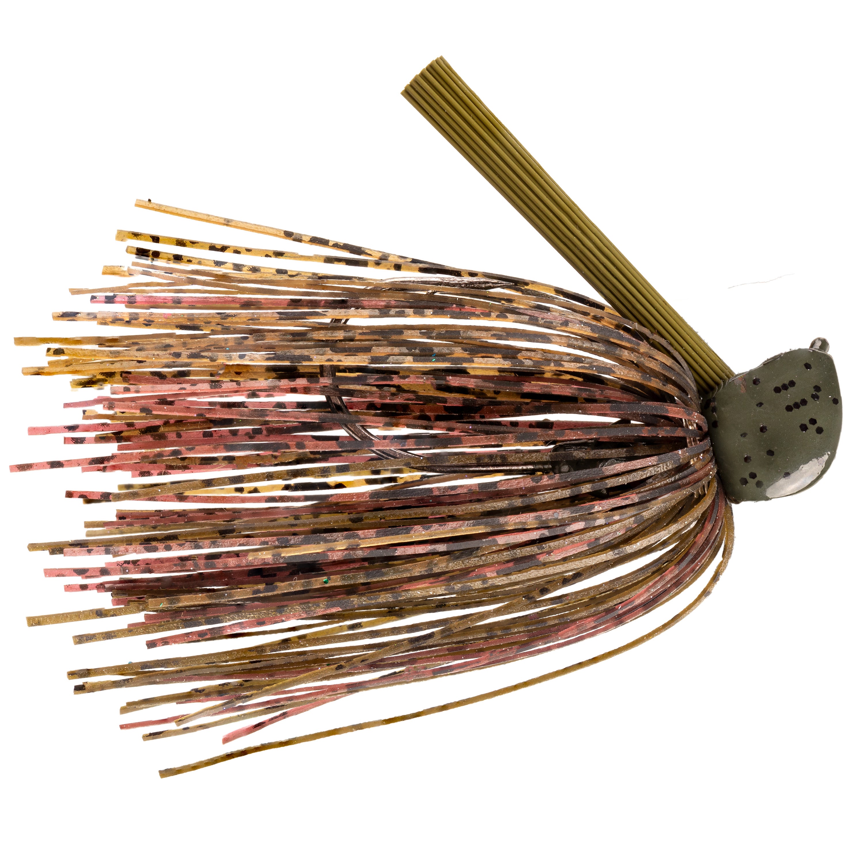 Strike King Tour Grade Tungsten Flip Jig featuring a weighted olive green head and multi-colored silicone skirt with natural earth tones, designed for fishing tackle use.
