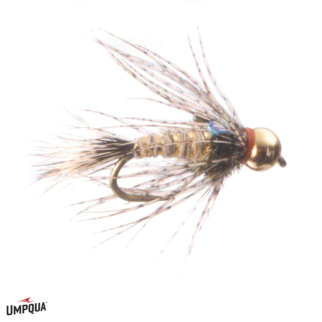 Close-up of Guide's Choice Hare's Ear fly fishing lure featuring natural tones with feather fibers and a gold bead head designed for freshwater fishing tackle.
