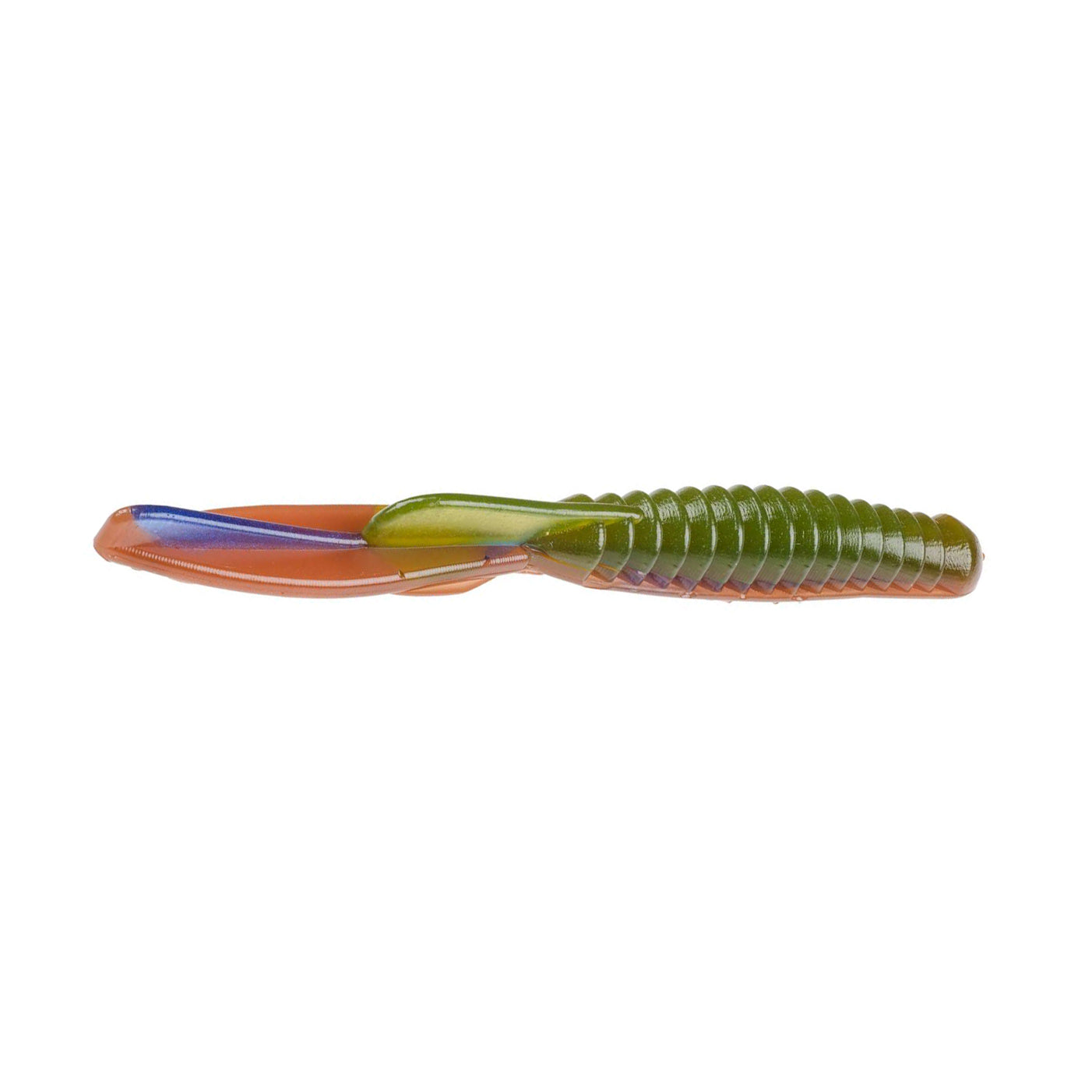 Strike King KVD Perfect Plastics Half Shell Dropshot Worm in green and orange hues with ribbed body and paddle tail, designed for fishing tackle use.