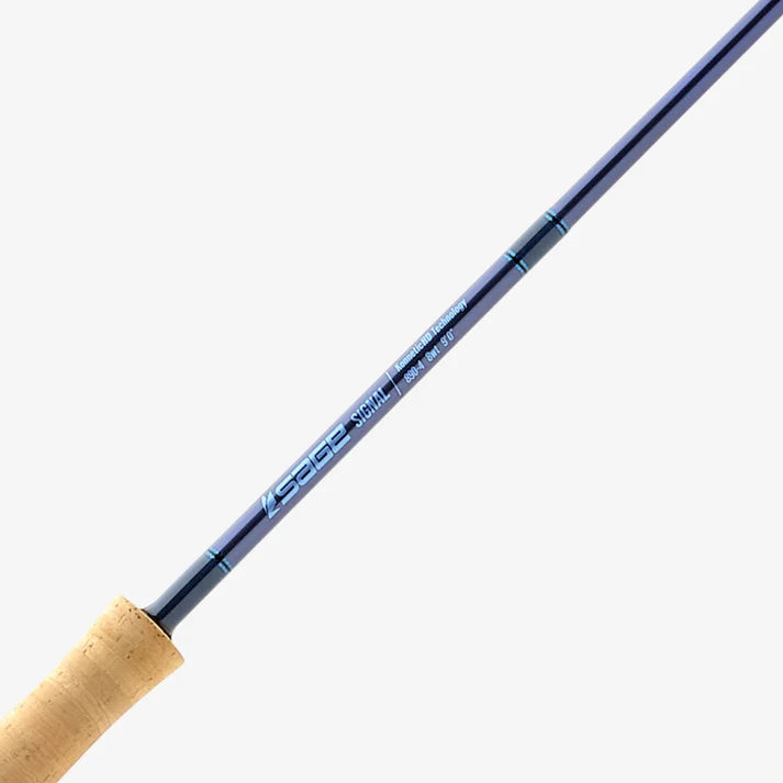 Sage Signal Fly Rod with blue blank and cork handle shown in closeup for fly fishing gear and precise casting