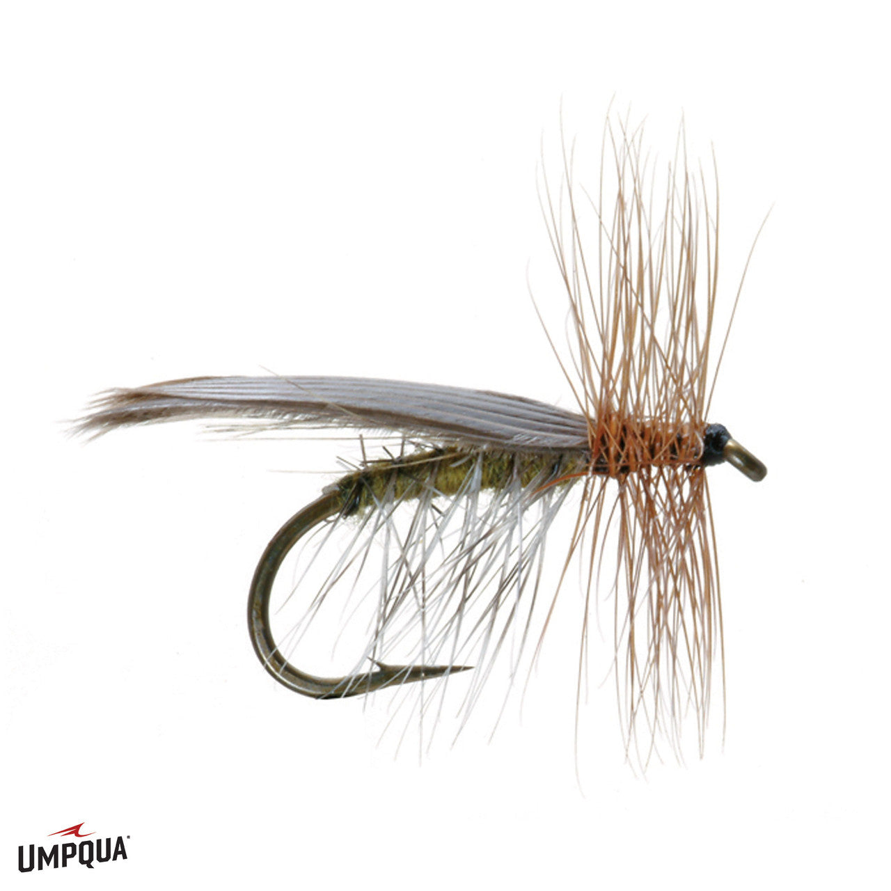 Close-up of the Henryville Special fishing lure featuring detailed feather wings, a slender olive green body, and fine brown hackle fibers designed for fly fishing.