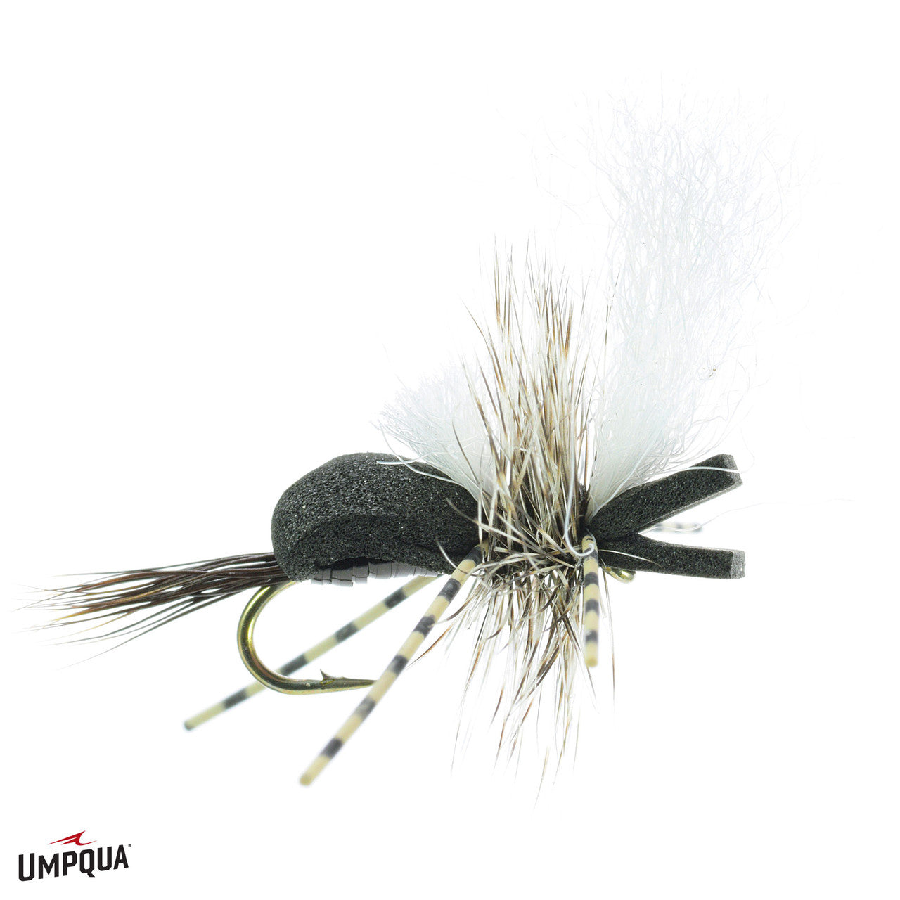 Close-up of a Hippie Stomper fishing lure featuring a black foam body, striped rubber legs, natural feather hackle, and a white feather wing designed for fly fishing and musky tackle.