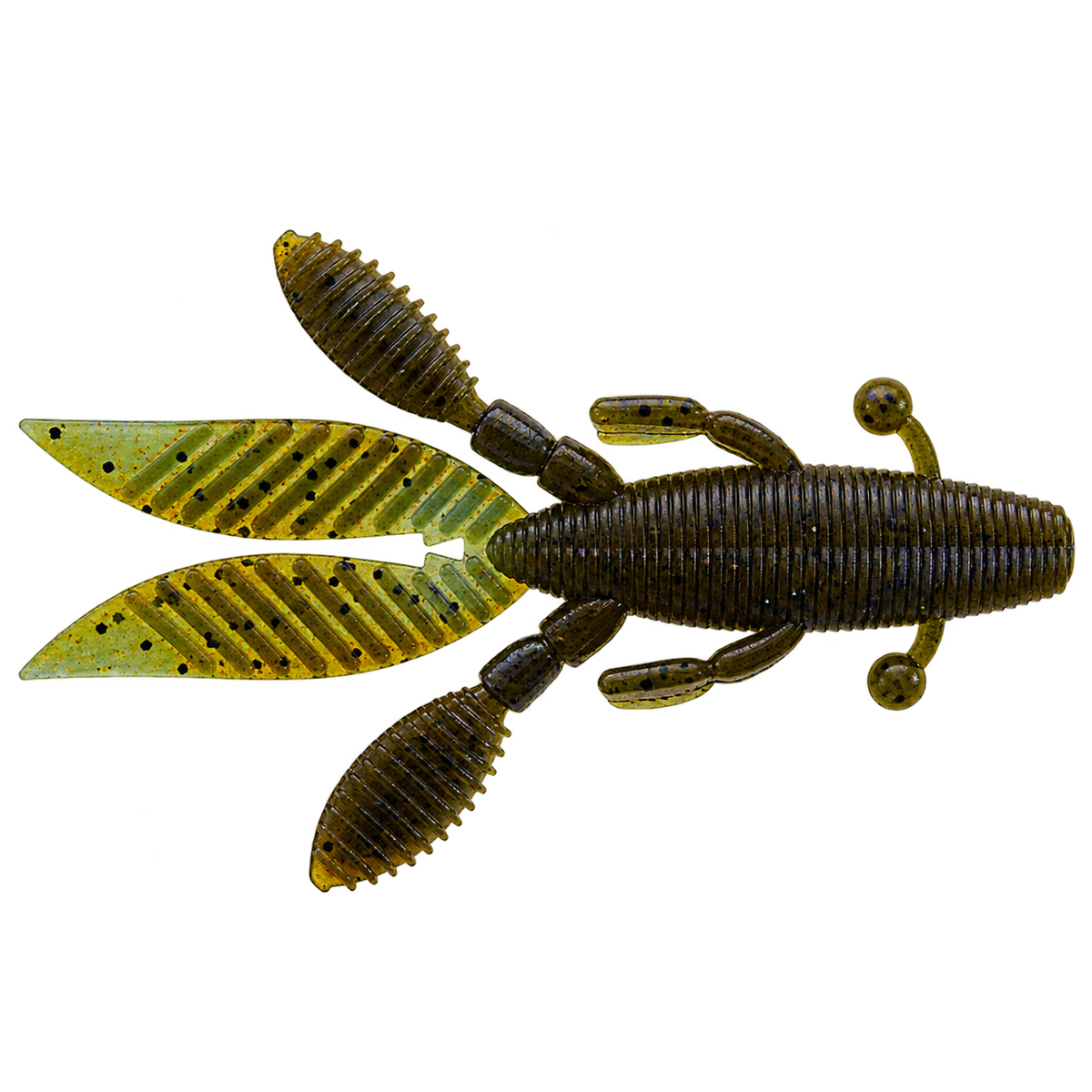 Yamamoto Flappin' Hog 4.5" soft plastic fishing lure in green pumpkin with a ribbed body and multiple appendages for musky fishing tackle
