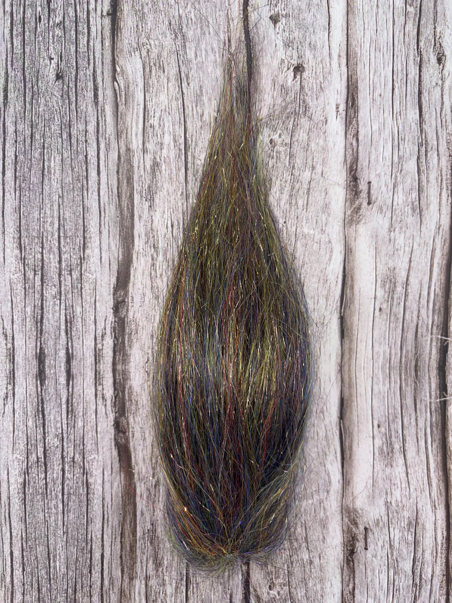 Squimpish Sparkle Blend fishing lure material in mixed dark green, brown, and subtle iridescent fibers designed for fly tying and custom fishing tackle.