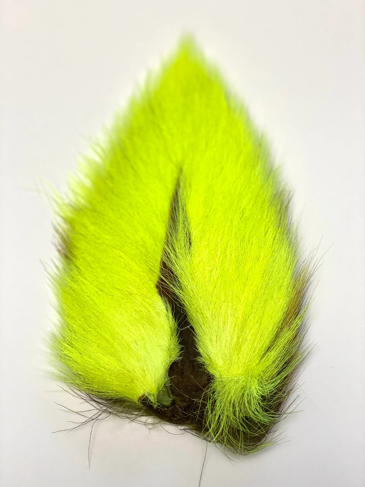 Marabou Brothers El Presidente Grade Buck Tail in bright chartreuse with layered feather fibers and dark accents for musky fishing tackle