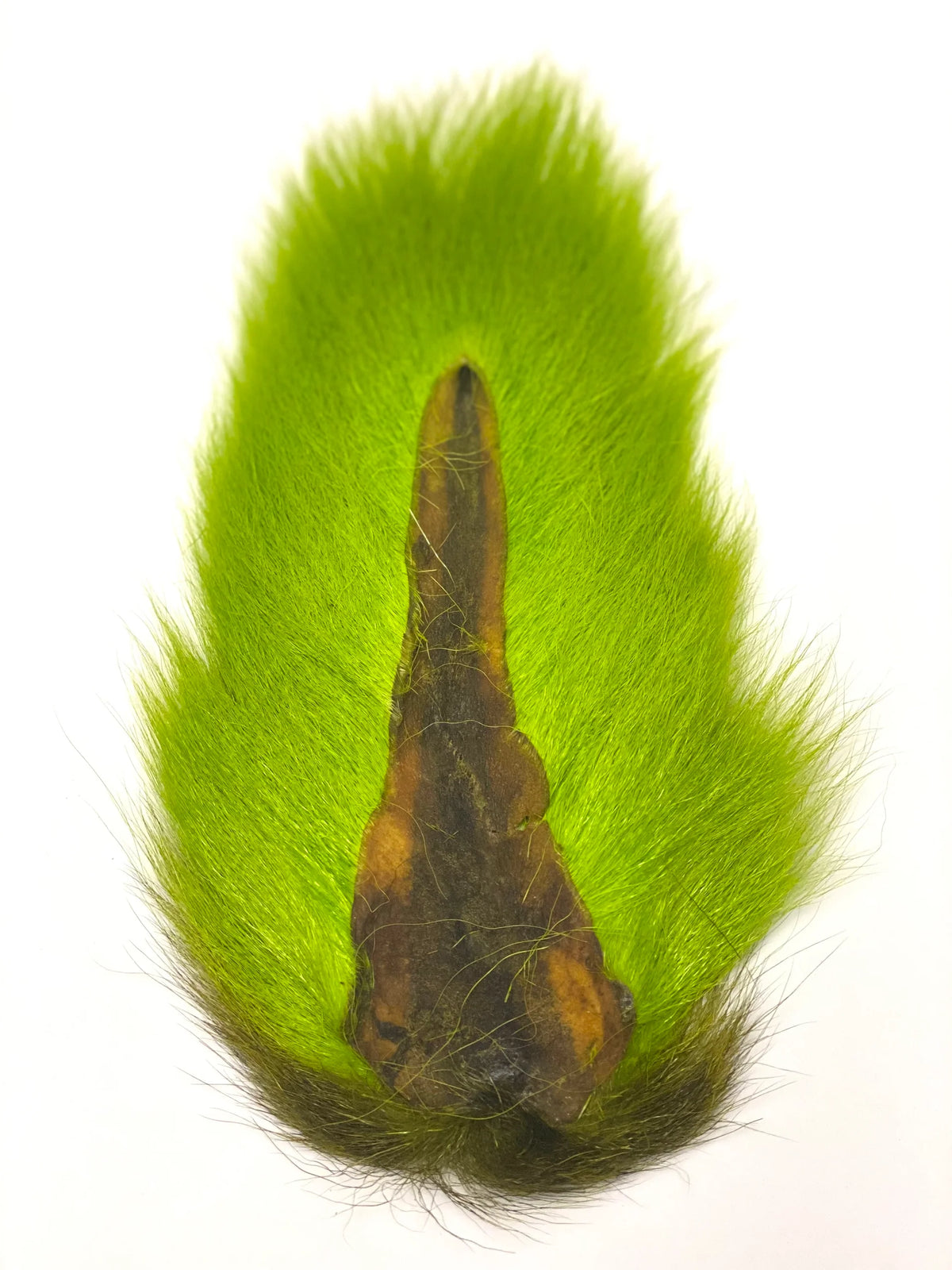 Marabou Brothers El Presidente Grade Buck Tail musky fishing lure with bright chartreuse marabou fibers and dark natural hair accents on a white background