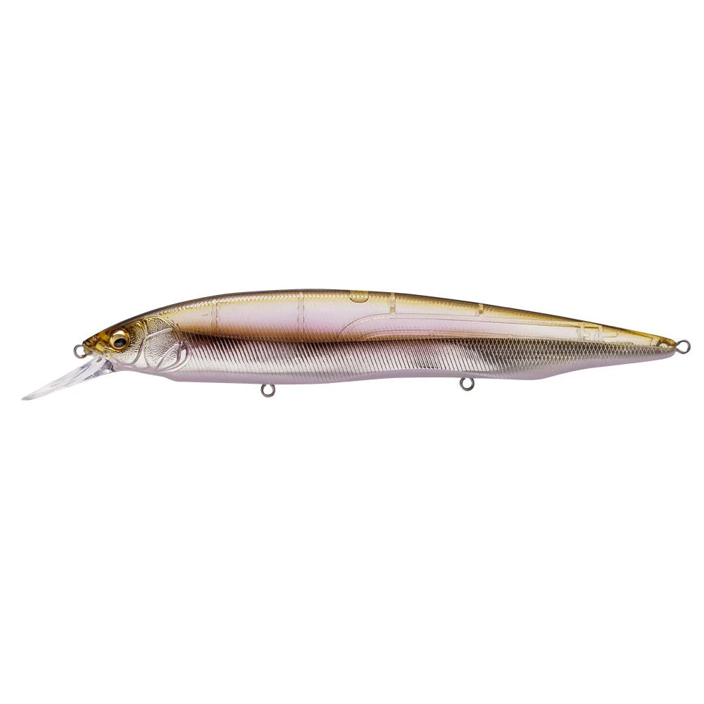 Megabass Kanata +1 fishing lure with a slender, realistic fish design featuring a translucent body with gold and purple hues, designed for effective fishing tackle use.