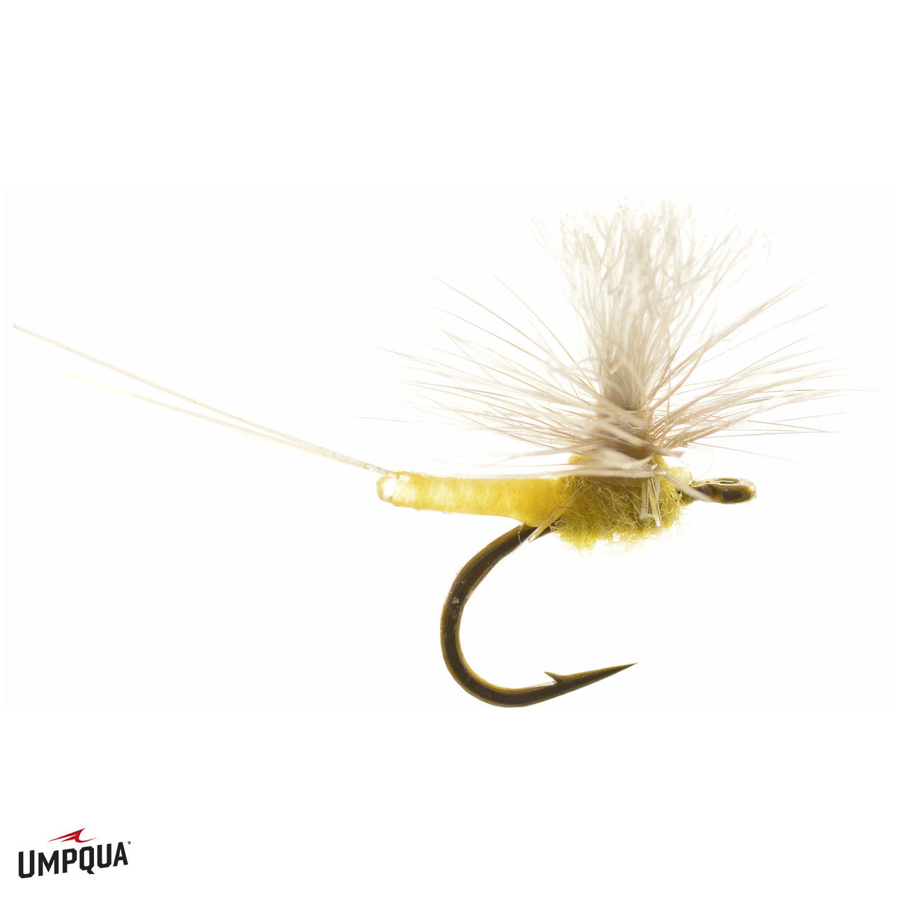 Close-up of a Parachute PMD Extended Body fishing lure featuring a yellow body, fine feather wings, and a sharp hook designed for fly fishing and musky tackle.