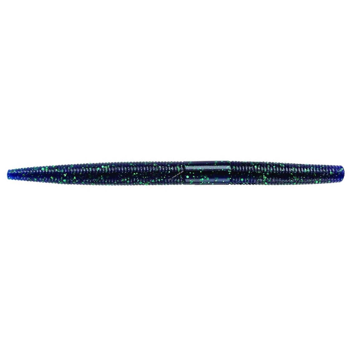Yum Dinger Worm 5" fishing lure in a dark, ribbed design with green and blue glitter accents, ideal for freshwater fishing tackle.